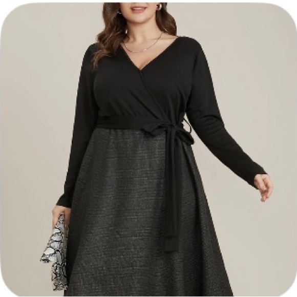 BloomChic Dresses & Skirts - Bloomchic Black Dress, with patterned plaid skirt in long sleeves. Size 14-16.